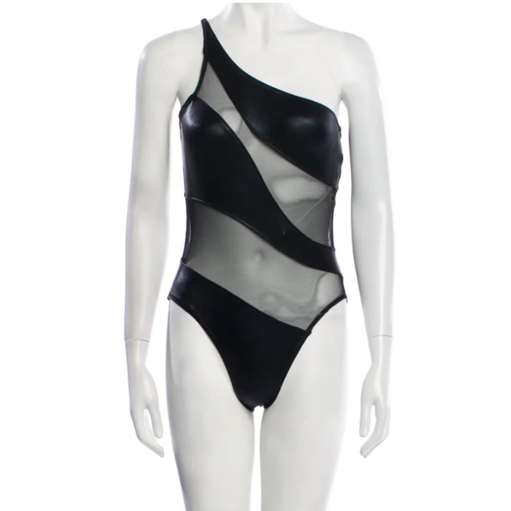Norma Kamali Black Mesh One-Shoulder Swimsuit
